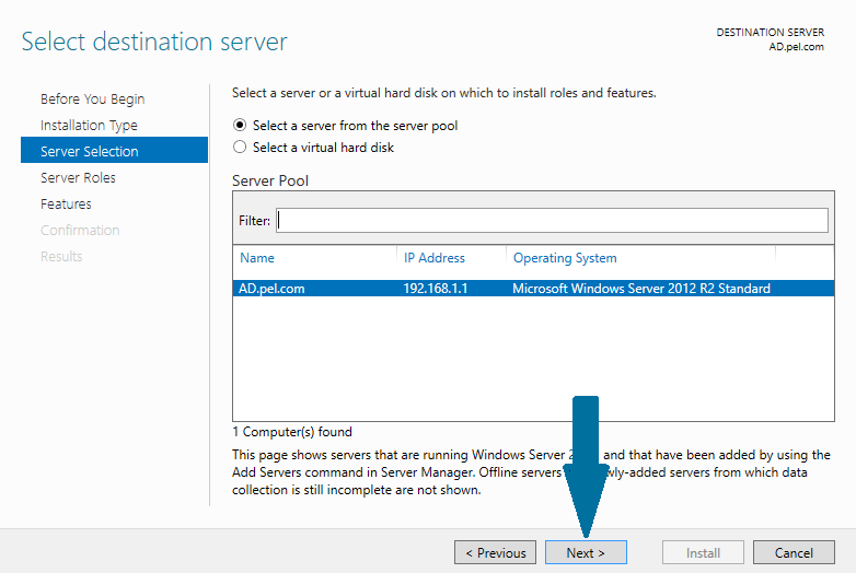 Select the destination server for the DHCP installation