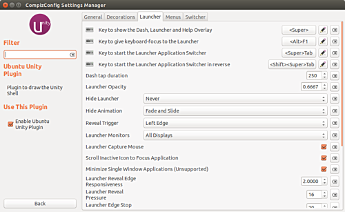 Launcher Tab of the settings manager
