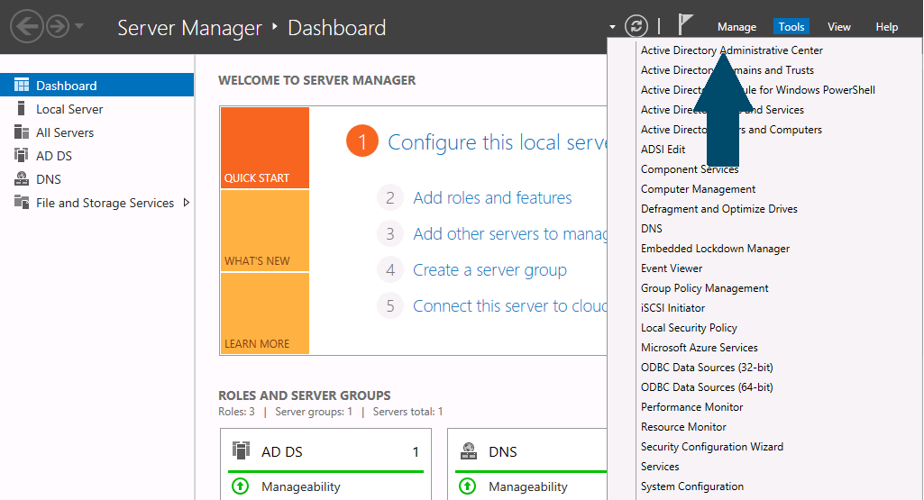 Open the server manager dashboard