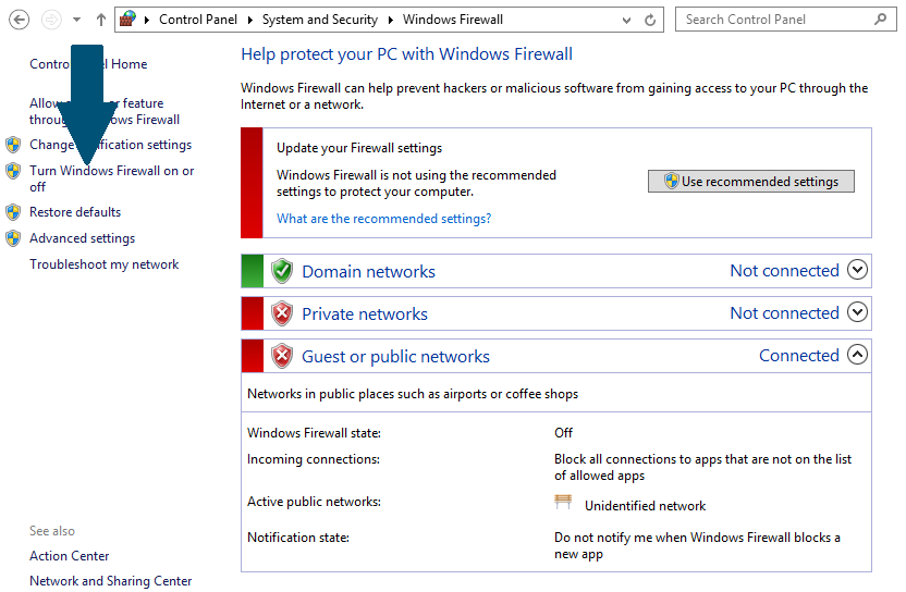 Click on - Turn off Windows Firewall