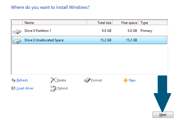 Choose the drive to install Windows Server