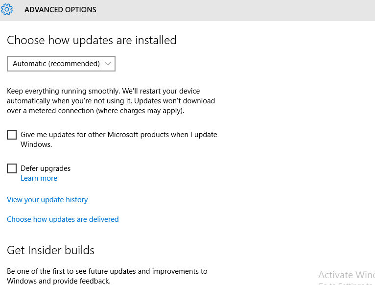Windows Advanced update options