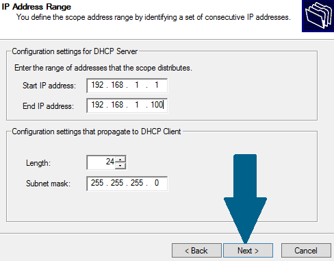 Set DHCP IP address range