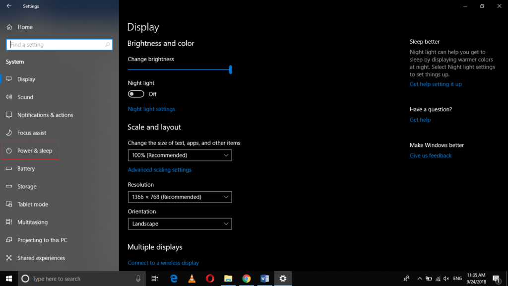 Windows System Settings > Power and Sleep