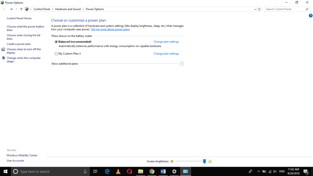 Power Options window