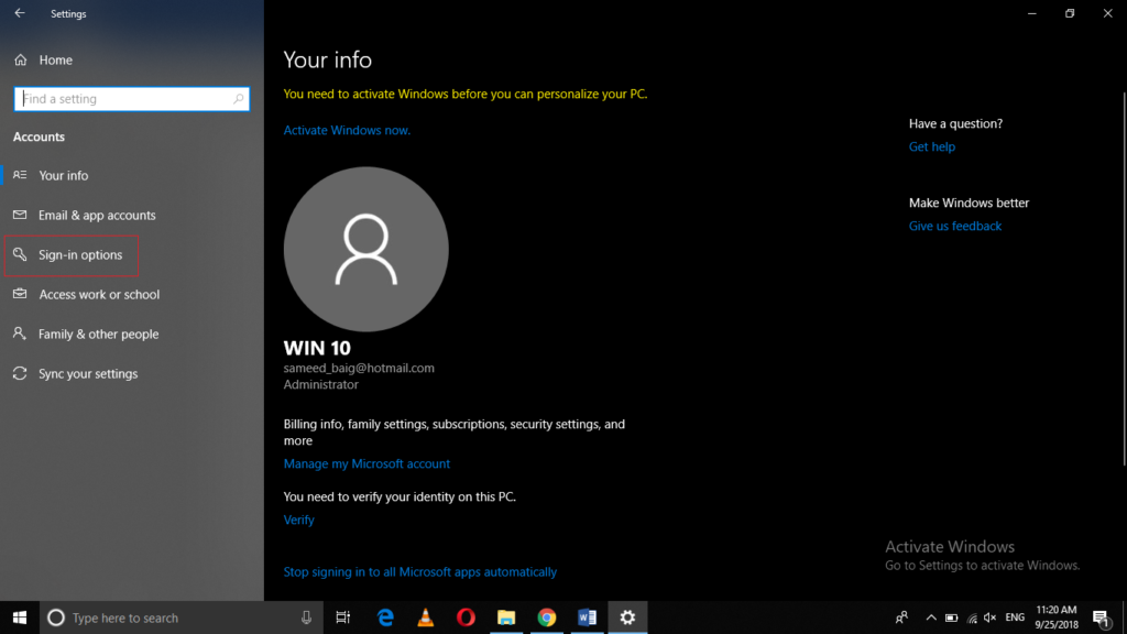 Windows Accounts Settings