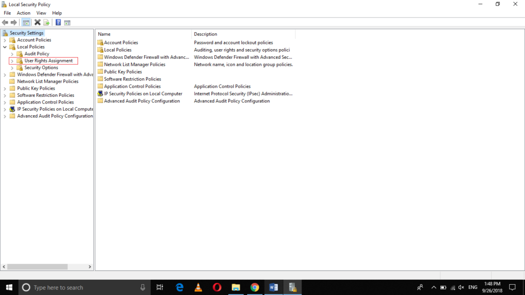 Local Policies > User Rights Assignment