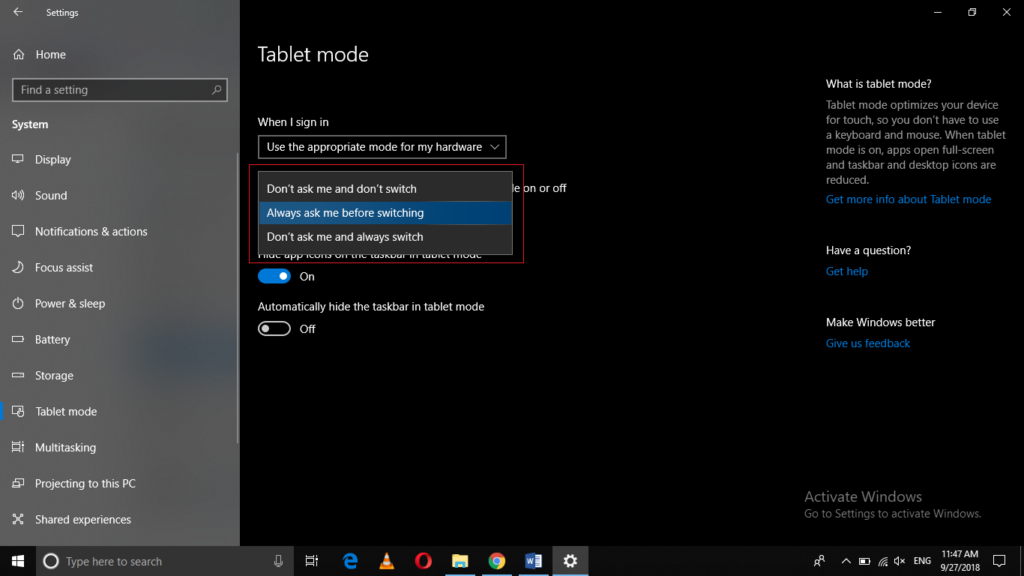 When this device automatically switches tablet mode on or off