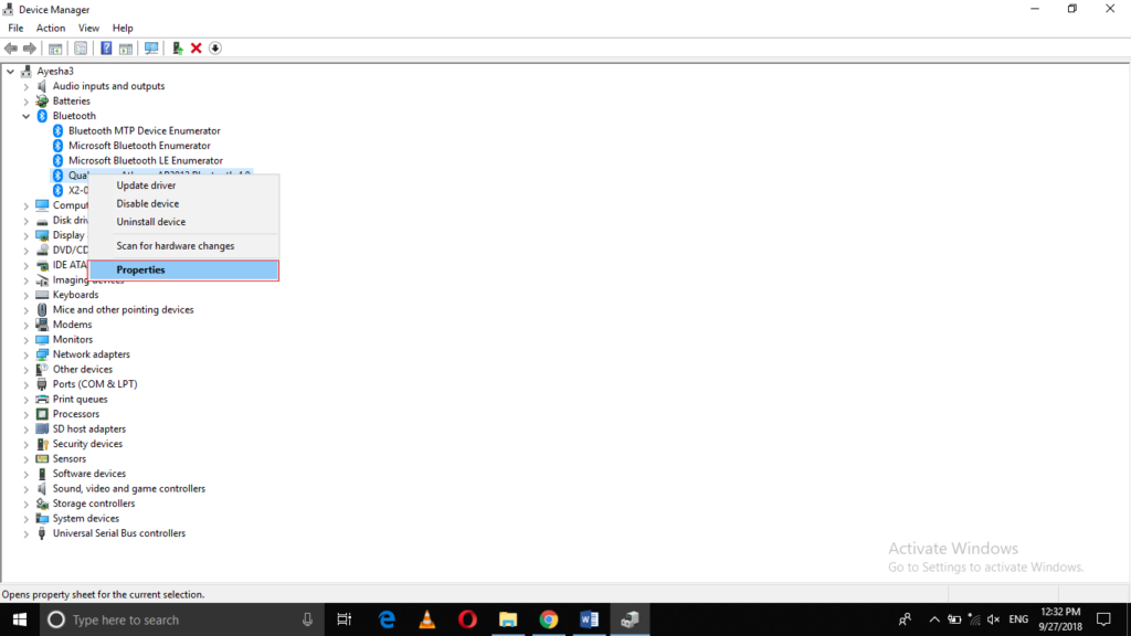 Click on Bluetooth device entry in tree menu