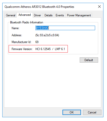 Bluetooth properties > Advanced tab