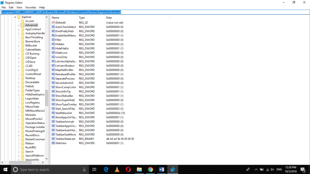 Registry: HKEY_CURRENT_USER > Software > Microsoft > Windows > Current Version > Explorer > Advanced