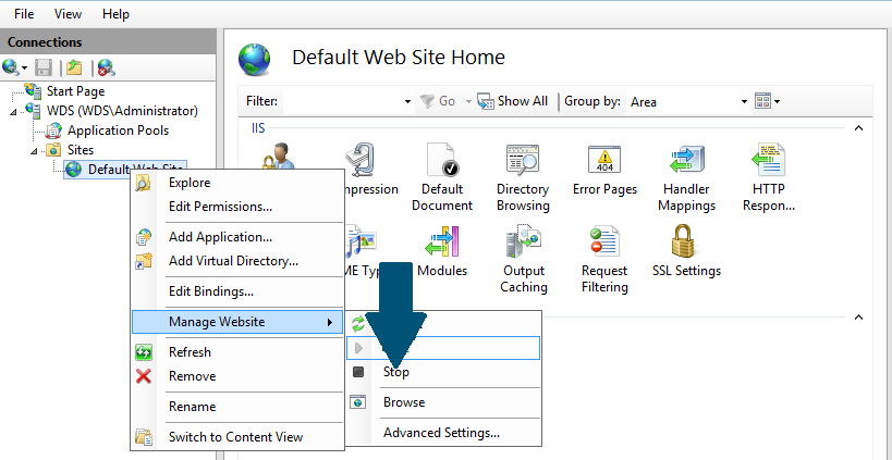 Stop default website in IIS