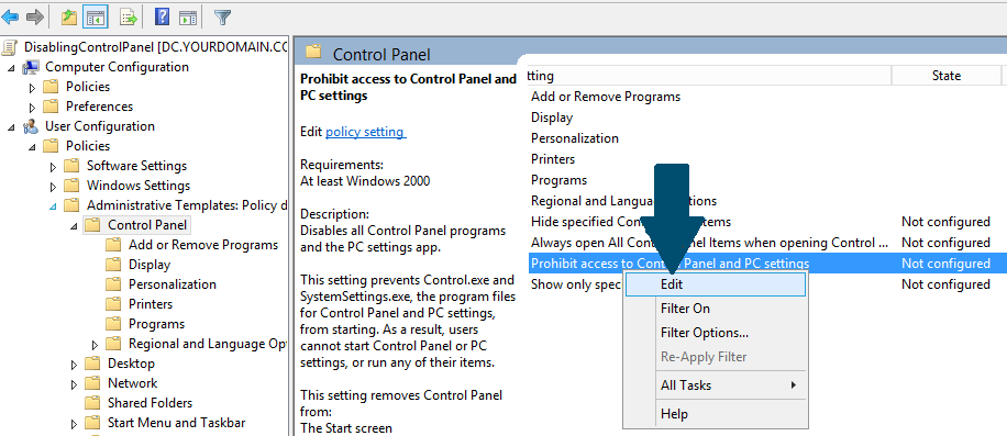 Prohibit access to Control Panel and PC settings