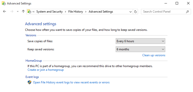 File history advanced settings