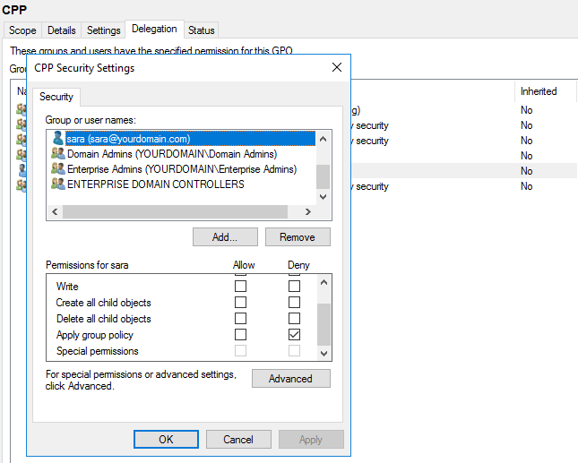 Apply group policy in permissions