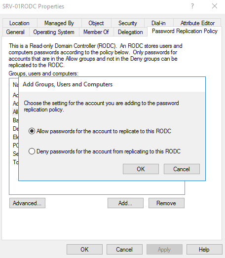 Allow passwords for the account to replicate to this RODC
