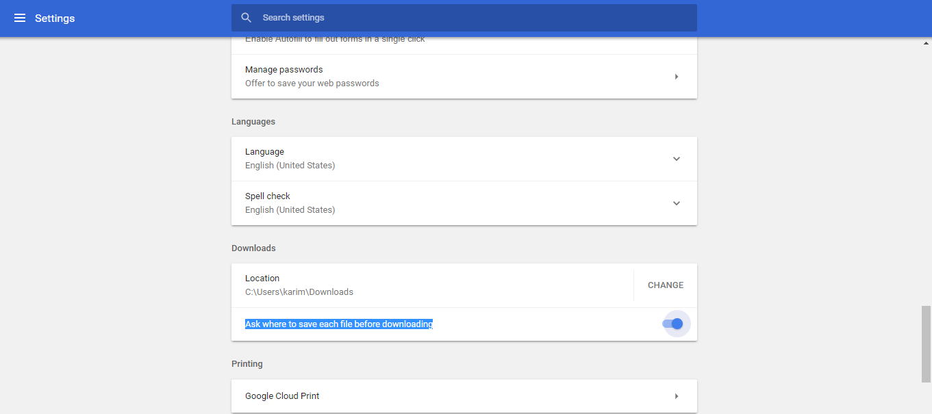 Google Chrome Downloads settings