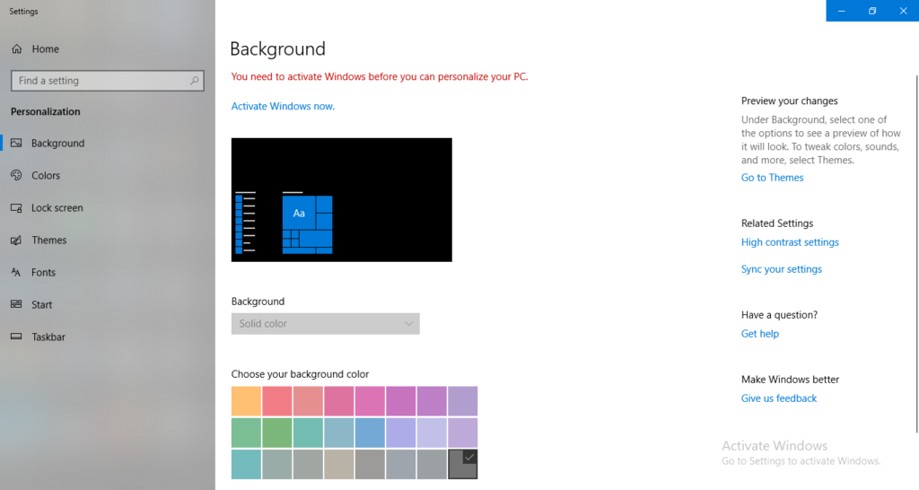 Windows 10 Desktop personalize dialog