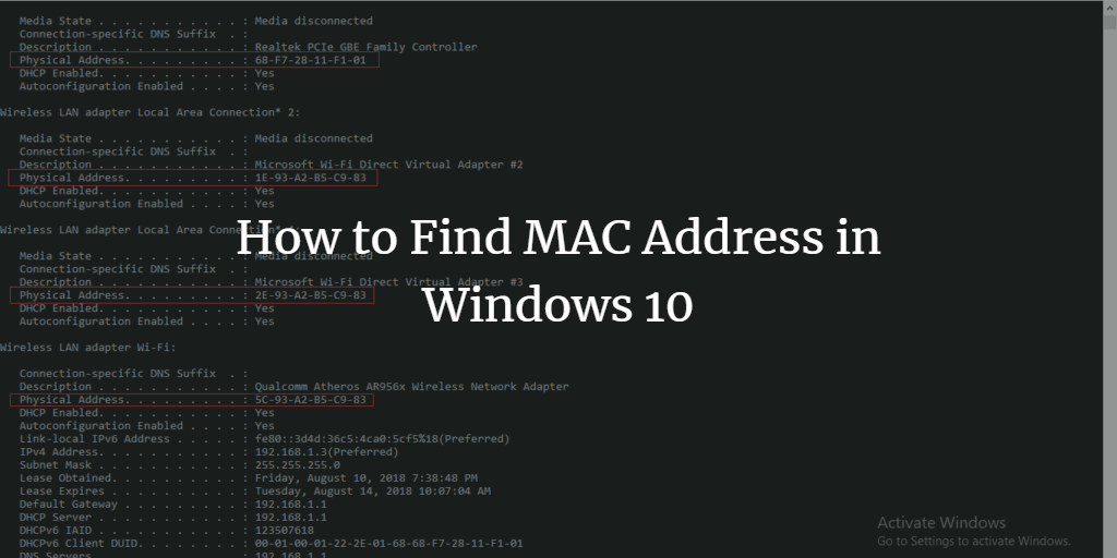 How to find the current MAC address in Windows 10