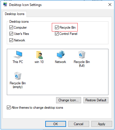 Enable Desktop icon settings window checkbox
