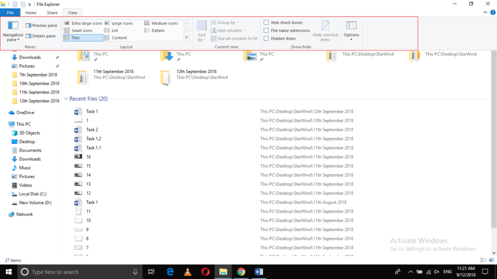 View tab of Windows File Explorer