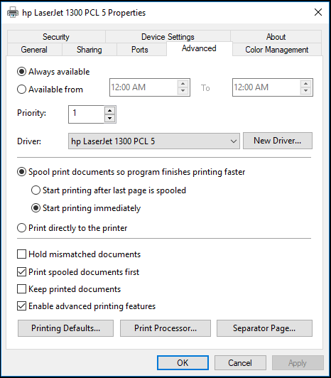 Laser printer properties