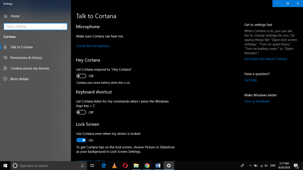 Launch settings window by using Cortana