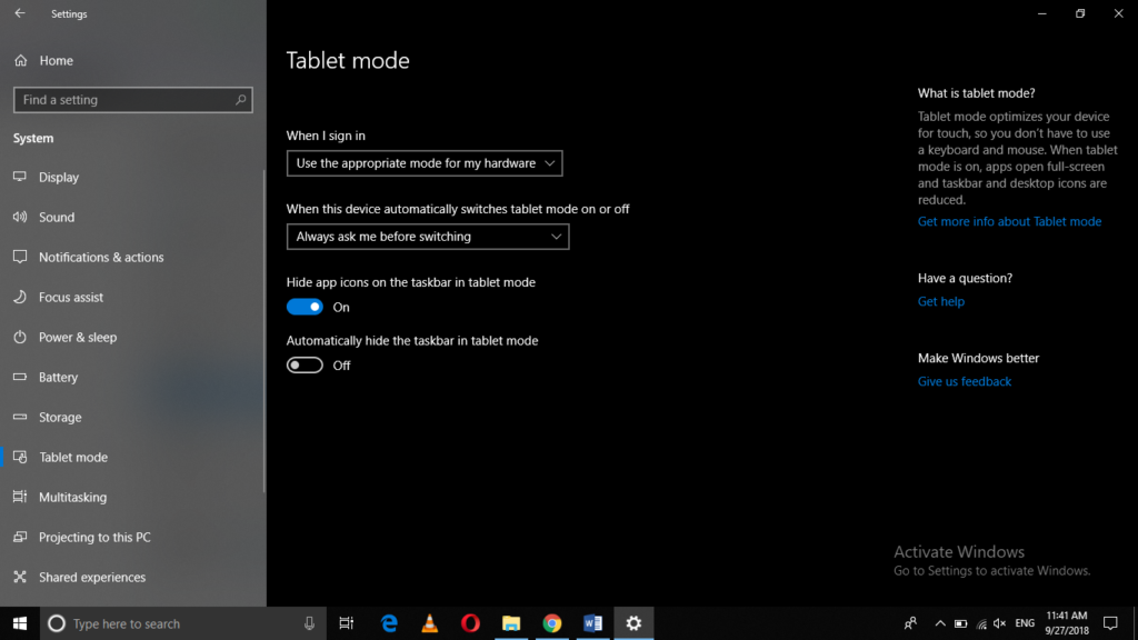 Windows Tablet Mode settings