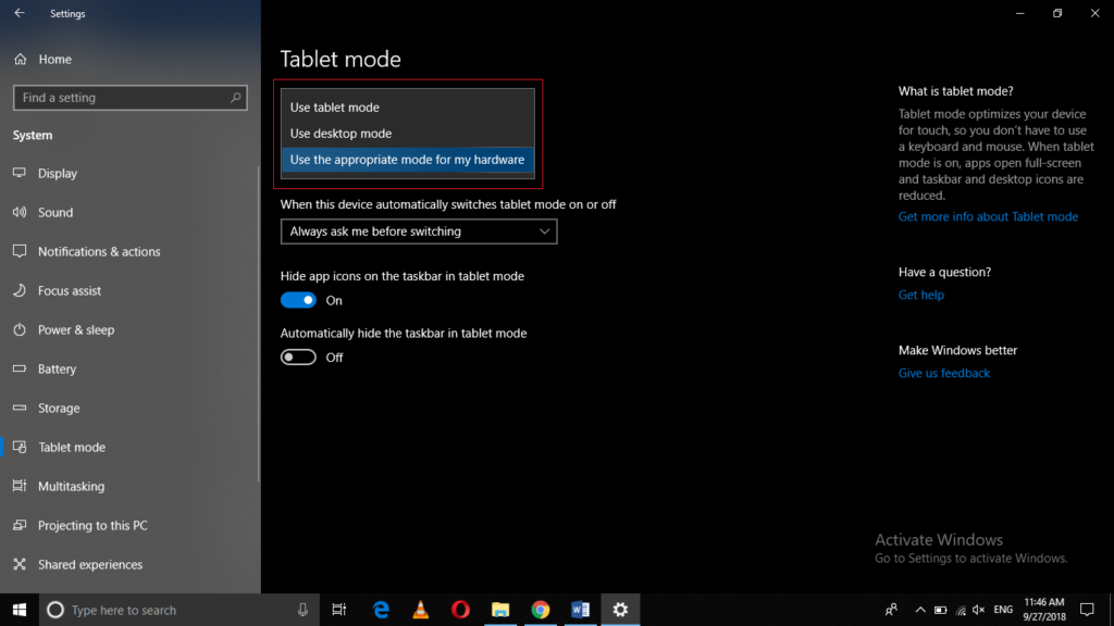 Enable Tablet Mode when I sign in