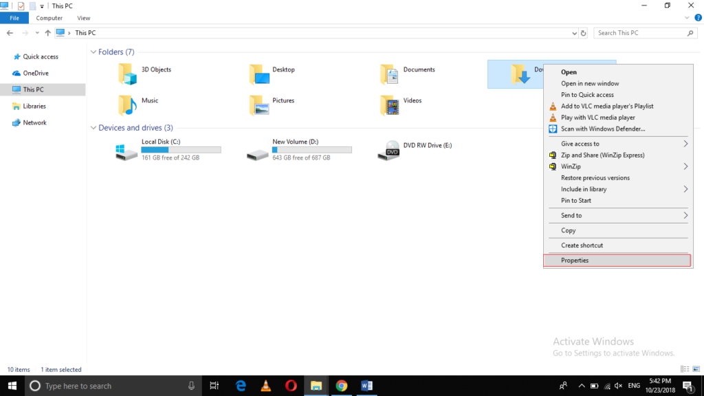 change download folder windows 10