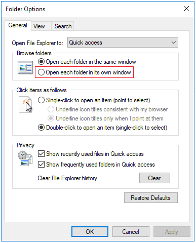 Open each folder in its own window