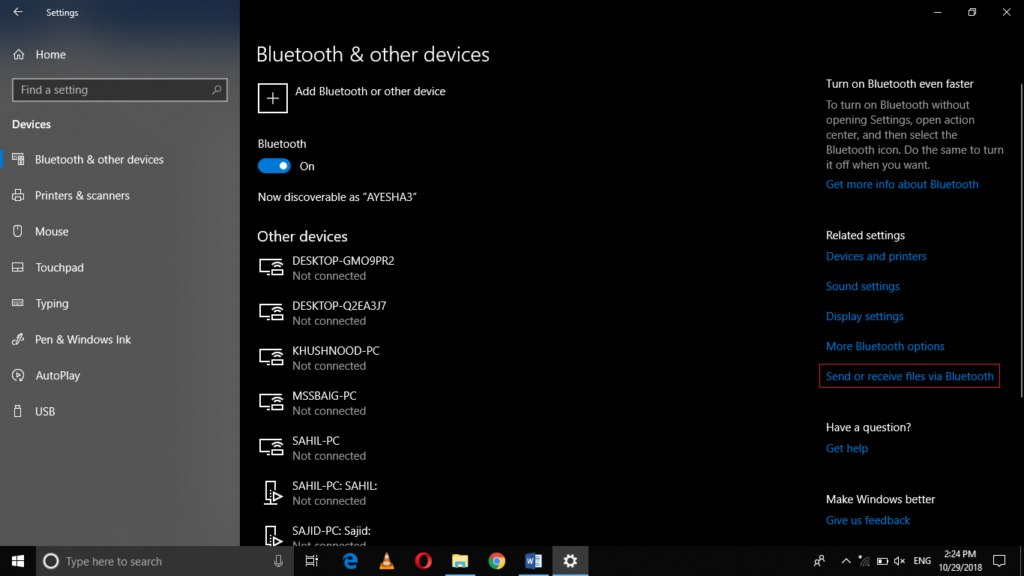 Bluetooth and other devices settings