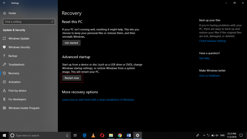 Recovery settings window