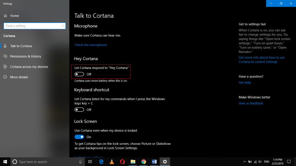 Talk to Cortana Settings