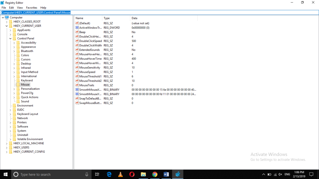HKEY_CURRENT_USER\ Control Panel\ Mouse