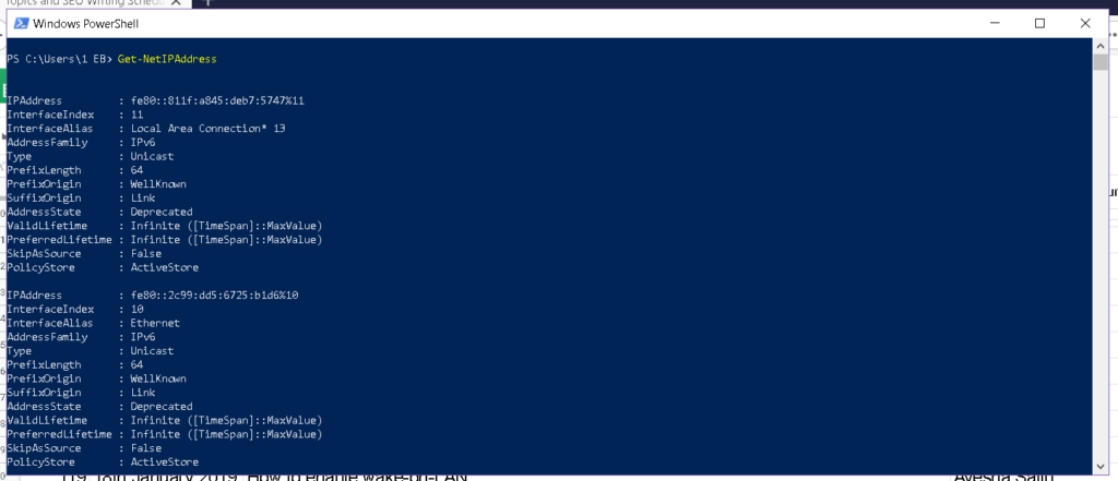Get current IP address in PowerShell