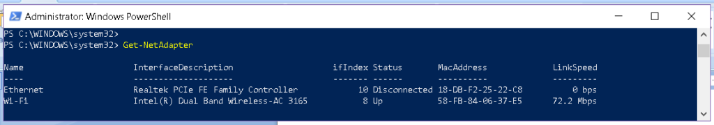 PowerShell Get-NetAdapter command