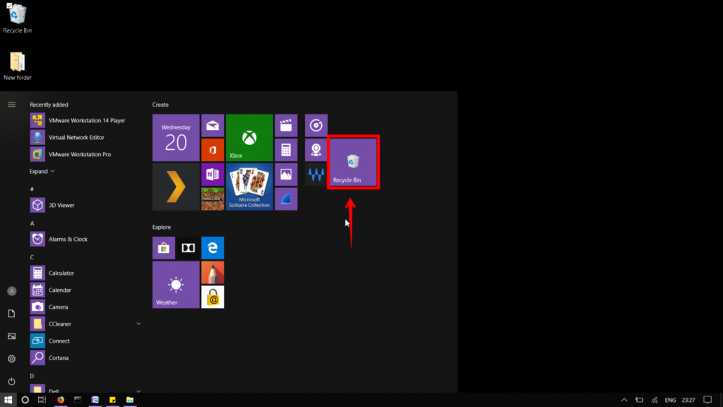 Add the Recycle Bin as a tile in the start menu