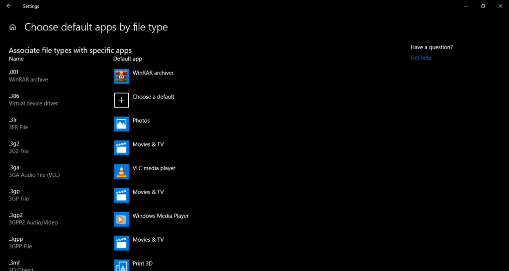 Choose default apps by file type
