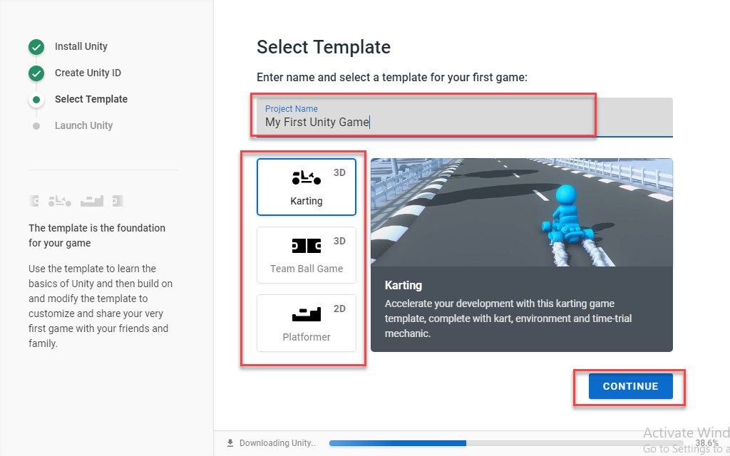 Select Unity template