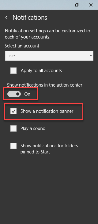 Show notifications ins action center