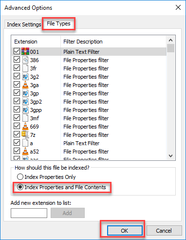 Advanced Indexing Options - File Types