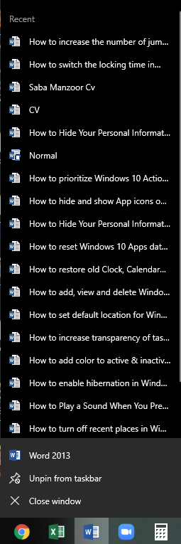 Jump list in Windows 10