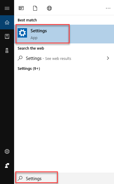 Settings menu in Windows 10