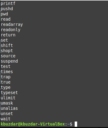 List of builtin commands