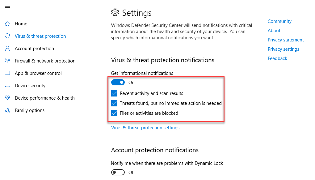 Virus and threat protection notifications