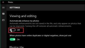 How to disable Auto Enhance within the Photos App on Windows 10